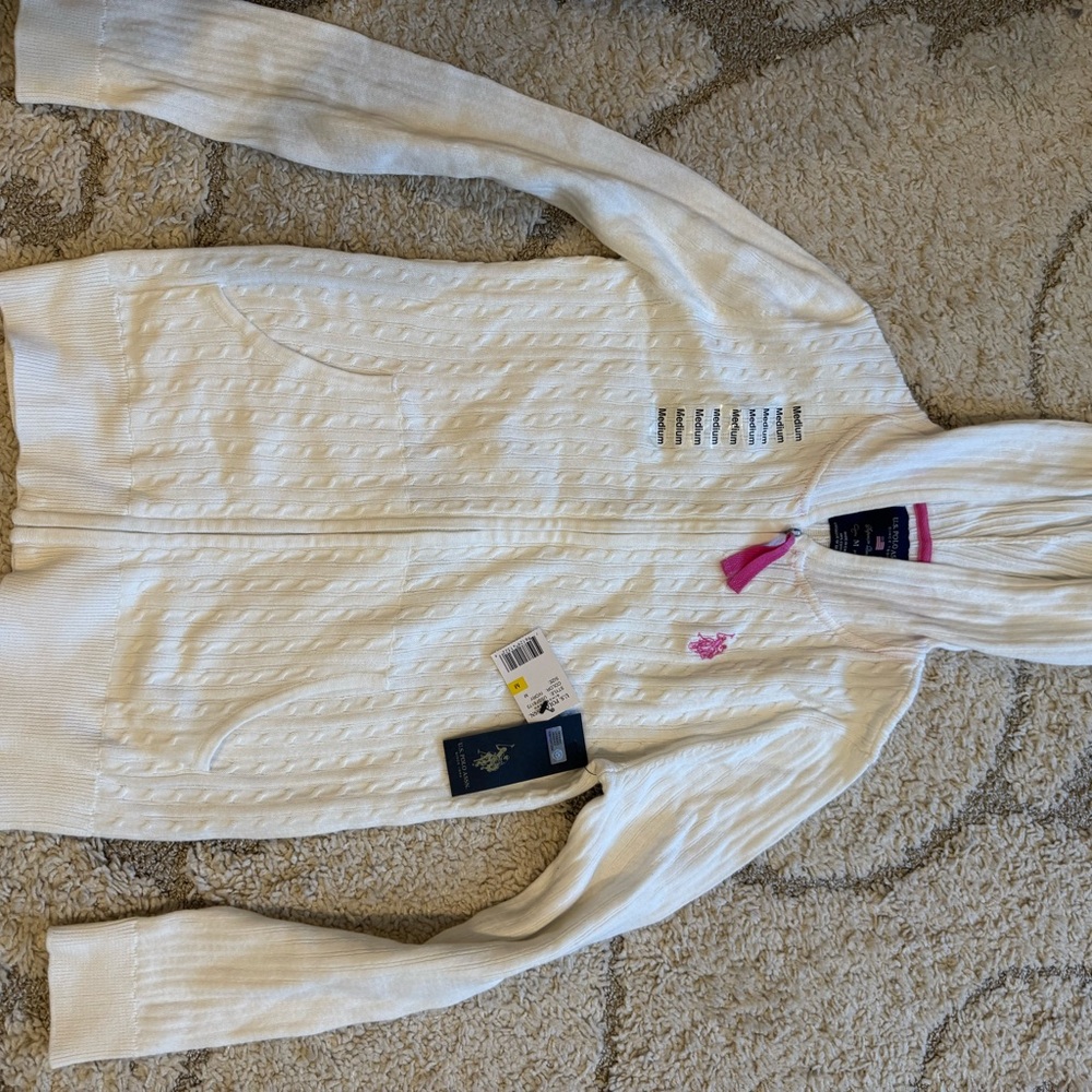 White Hooded Cardigan with Pink Logo